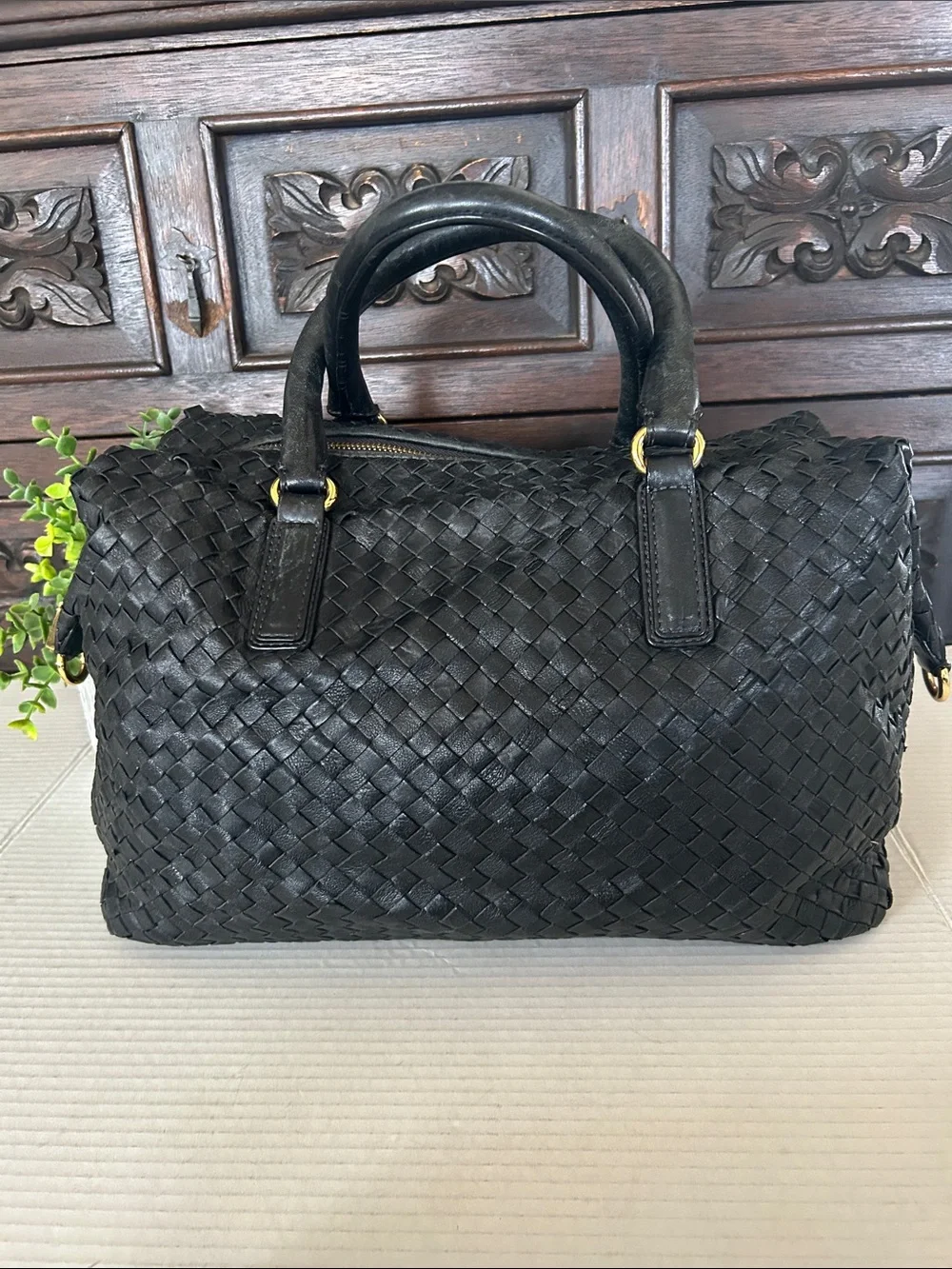 Christopher Kon Woven Leather Tote Bag with Detachable Strap - Black - Picture 6 of 15